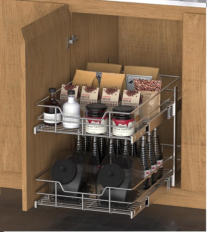 2 Tier Pull Out Cabinet Organizer 11" W X 17" D, Chromed, Full Slide Out | For Kitchen Organizers and Storage, Pull Out Drawers For Cabinets Capacity Heavy Duty Caddy, Cabinet Shelves, Bathroom Pantry - Image 7