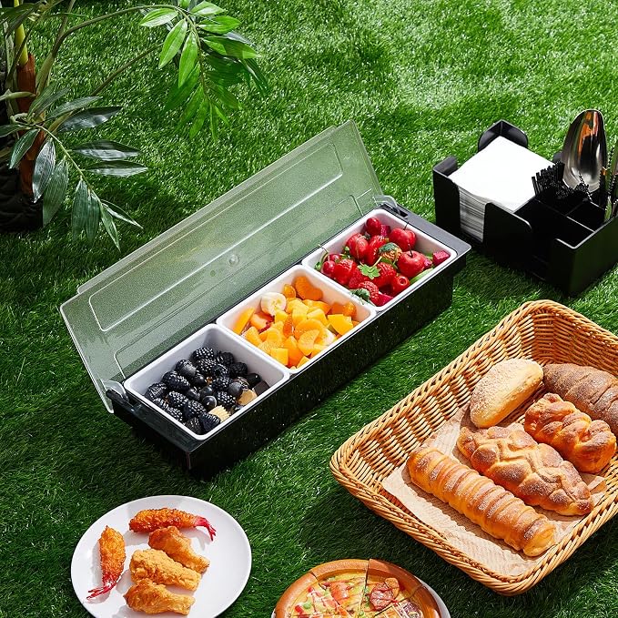 Tessco for you Garnish Tray with Lid Bar Caddy Ice Cooled Condiment Serving Container with Ice Scoop Metal Mini Serving Tongs Fruit Fork Spoons for Food Home Party Kitchen(Plastic,3 Grids) - Image 4