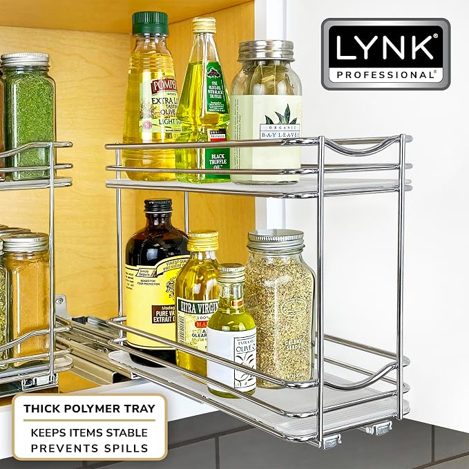 LYNK PROFESSIONAL® Pull Out Spice Organization for Cabinets - 4-3/8 inch Wide – Spice Rack for Inside Cabinets, Slide Out Spice Rack Organizer for cabinet – Pull Out Spice Rack, Sliding 2 Tier Chrome - Image 6