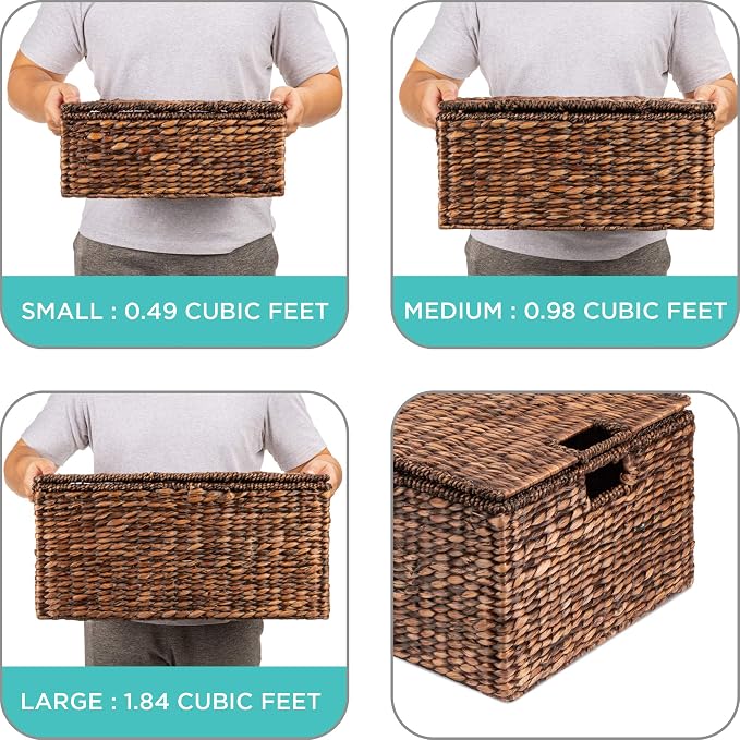 Best Choice Products Set Of 3 X-Large Multipurpose Hyacinth Storage Baskets, Handwoven Rectangular Organizer Totes for Bedroom, Living Room W/Insert Handles, Removable Lid - 21.5", 18", 15" - Brown - Image 6