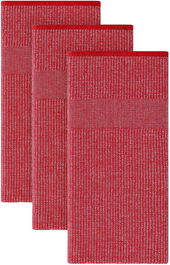 Homaxy 380 GSM Cotton Premium Kitchen Towels 3 Pack, 18"x 28", Red | Flat and Terry Dish Towels, Highly Absorbent Tea Towel Set with Hanging Loop, Soft Utility Kitchen Hand Towels by Homaxy