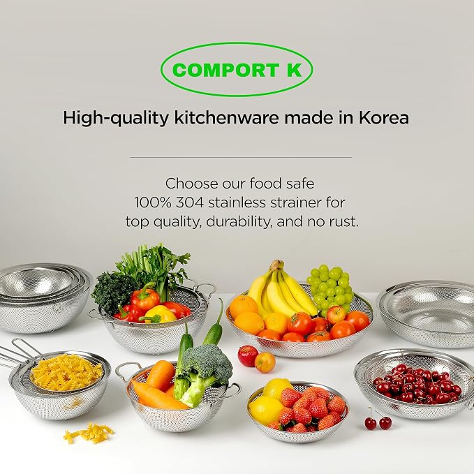 Shallow Stainless Steel Colander Set of 3 – Micro-Perforated Tray Strainers for Berries Vegetables Fruit, 18/8 304 Low Profile (2, 3, 4 Qt) Self-Draining Base, Dishwasher Safe, Made in Korea - Image 7