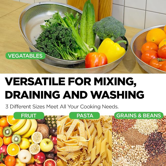 Premium 18/8 304 Stainless Steel Large Colander Set of 3, Comfortable Micro-Perforated Shallow Strainers, 5.5-7-10 Quart Tray Set, Self-Draining Solid Base for Pasta, Fruits, Vegetables - Image 4