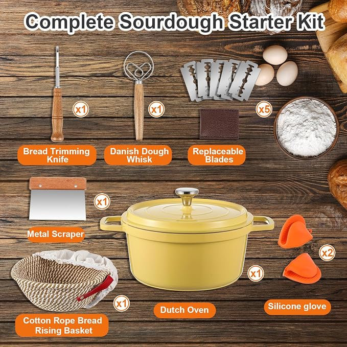 Honeydak 7 Pack Sourdough Bread Baking Supplies Kit Includes Dutch Oven for Bread Baking 5qt Pan Pot, Bread Proofing Basket, Scoring Lame, Dough Whisk - Image 3