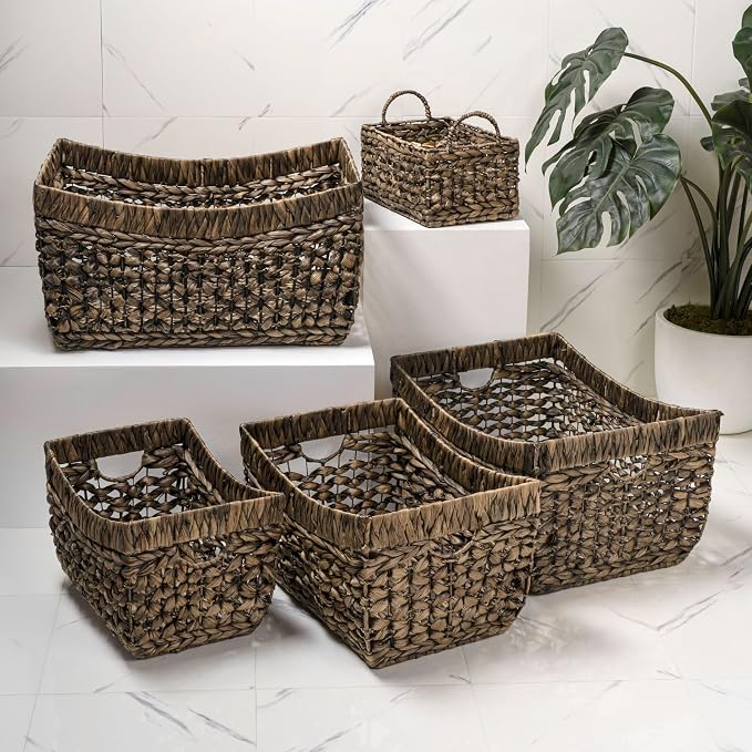 happimess Aria 5-Piece Nesting Storage Baskets Water Hyacinth 21", Brown | Handwoven Contemporary Bohemian Design, Iron Metal Frame, Open Weave, Decorative Organization For Living Room and Bedroom - Image 2