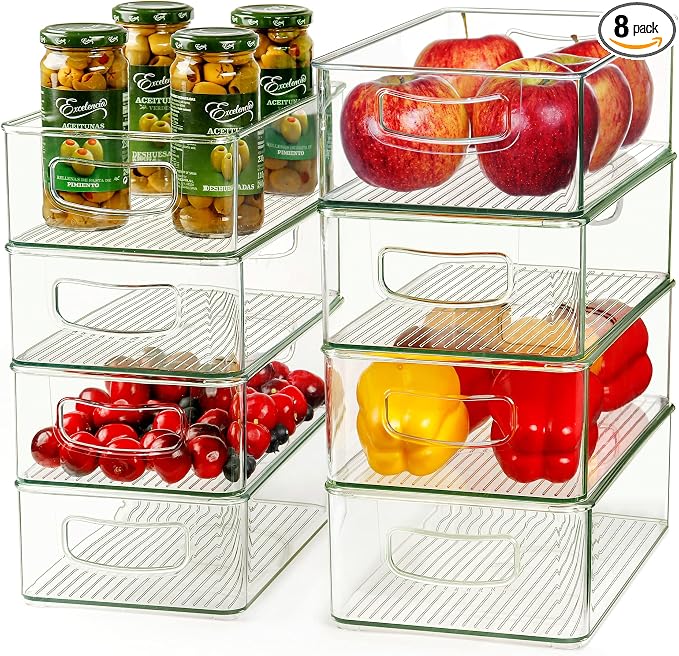 Hudgan Clear Storage Bins 8 Packs for Refrigerator, 4 Large Stackable Pantry Organizer Bins and 4 Medium Storage Plastic Containers for Home Edit, Kitchen, Freezer, Bathroom, Drawers, Shelves by HUDGAN