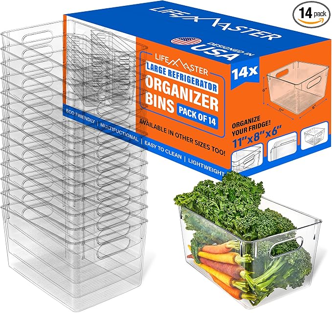 Lifemaster Stackable Refrigerator Bins - Set of 14 Large Capacity Organizers with Easy Grip Handles - Clear and Versatile for Kitchen Storage by LIFEMASTER