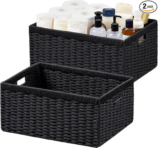 UBBCARE 2 Pack Wicker Basket, 16.5L×13H×7.5W inch Woven Paper Rope Storage Baskets for Shelves, Foldable Rectangular Storage Baskets with Handle, Storage Basket for Organizing, Black by UBBCARE