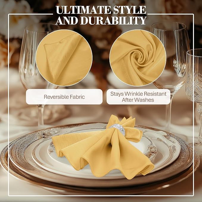 17x17-Inch Shantung Cloth Napkins, Goldenrod, Set of 24 | Bulk Case of 2 Dozen, Satin, Square, 100% Polyester Fabric, Reversible, Faux Dupioni Silk Reverse Side, Machine Washable - Image 3