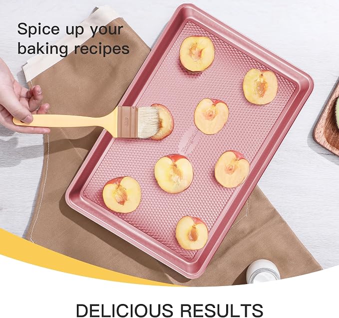 Baking Sheet Pan Set, Cookie Sheets for Oven, Nonstick Half/Quarter/Jelly Roll Pans with Diamond Texture Pattern, Heavy Duty Cookie Tray, Pink - Image 8