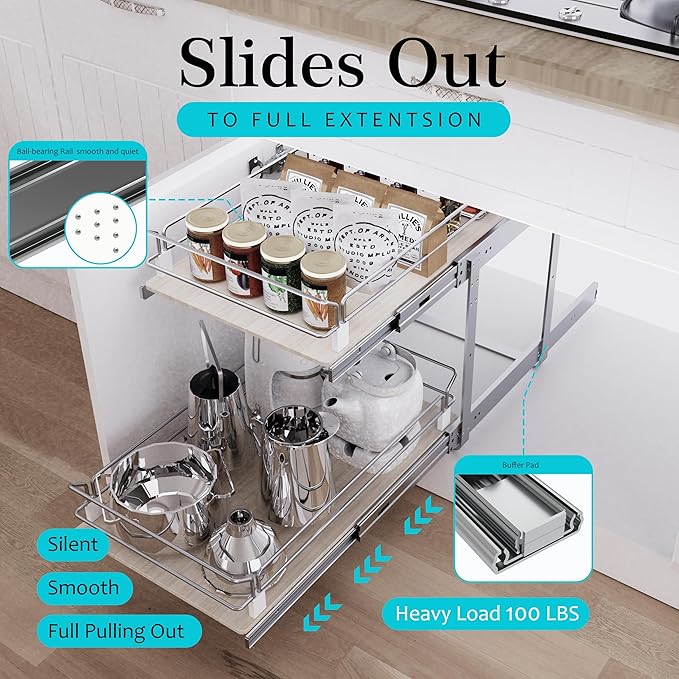 2 Tier Pull Out Cabinet Organizer 20.08" W X 22" D, Wood & Chromed | Full Slide Out Drawers For Kitchen Cabinets, Cabinets Capacity Heavy Duty Caddy, Cabinet Pullout Shelves , Pantry Storage - Image 3
