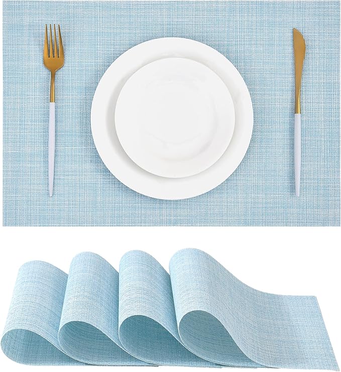Leetaltree Soft Sky Blue Woven Placemats Set of 4 - Heat Resistant Non-Slip Place mats for Dining Table, Washable Durable PVC Vinyl Woven Table Mats(Sky Blue, 4) by Leetaltree-ArtatEveryTable