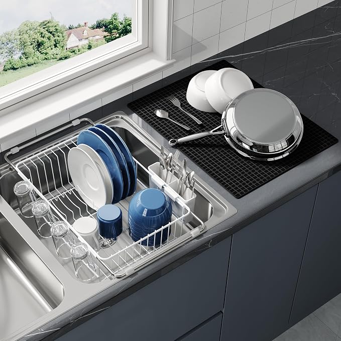JASIWAY White Dish Drying Rack in Sink with Mat, Cups and Utensil Holder | Use Over the Sink or Counter, Stainless Steel Expandable Dish Drainer for Small Kitchen, Space Saving, Fast Drain, Rustproof by JASIWAY