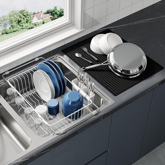 JASIWAY White Dish Drying Rack in Sink with Mat, Cups and Utensil Holder | Use Over the Sink or Counter, Stainless Steel Expandable Dish Drainer for Small Kitchen, Space Saving, Fast Drain, Rustproof by JASIWAY