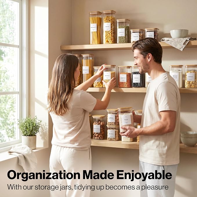 Glass Pantry Storage Jars Containers with Bamboo Lids and Labels - Set of 5 | Extra Thick Square Glass Canisters with Bamboo Wood Lids and 54 Pre-printed Pantry Labels keeps dry Goods Fresh and Organized - Image 6