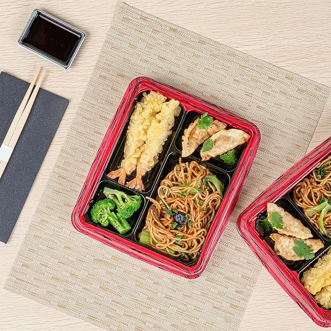 Restaurantware Bento Tek 15.2 Ounce Meal Prep Containers, 100 Disposable To Go Food Boxes - Lids Sold Separately, 4 Compartments, Red And Black Plastic Bento Lunch Boxes, Freezable, For Take Out - Image 6