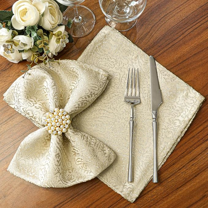 Beige Cloth Napkins Set of 6, 18 x 18 Inch Dinner Napkins | Reusable Washable Cotton Polyester Soft Luxury Elegant Fancy Jacquard Fabric Table Napkins - Image 3
