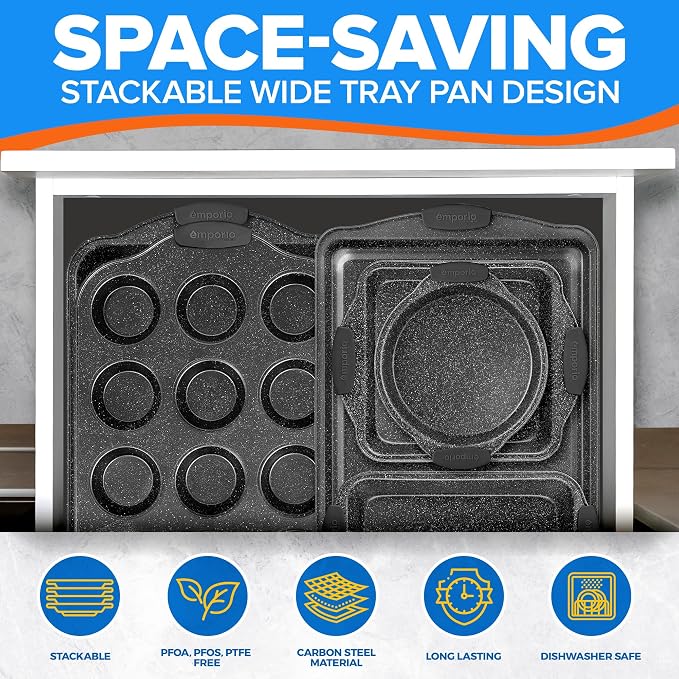 Emporio Kitchen Baking Pan Set - Nonstick Coating, Carbon Steel Bakeware Sets with Gray Silicone Handles, PFOA, PFOS, PTFE Free, Recipe Booklet Included, Oven Safe Tray (Up To 450° F), Set of 6 - Gray - Image 5