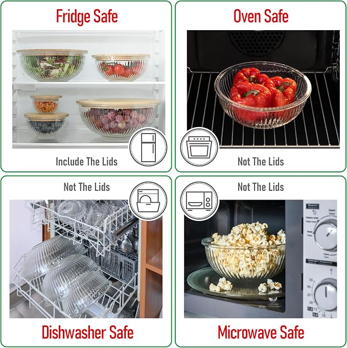 Stackable Space-Saving Set of 5 Nesting Glass Bowls with Bamboo Lids for Foodprep, Storage, Baking, Mixing & Cooking, Microwave & Oven Safe BPA Free Heat Resistant Inert Borosilicate Glass - Image 6