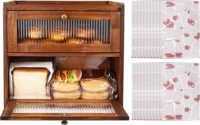 Alpeir Wooden Bread Box for Kitchen Countertop, Large Double Layer, Brown | Food-Safe Pine Wood, Double-Row Ventilation, Strong Acrylic Window, Raised Top Shelf, Easy Care, Farmhouse Corner Container by AlpeirDirect
