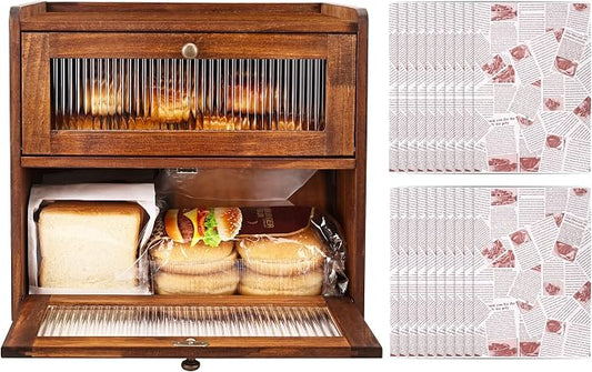 Alpeir Wooden Bread Box for Kitchen Countertop, Large Double Layer, Brown | Food-Safe Pine Wood, Double-Row Ventilation, Strong Acrylic Window, Raised Top Shelf, Easy Care, Farmhouse Corner Container by AlpeirDirect