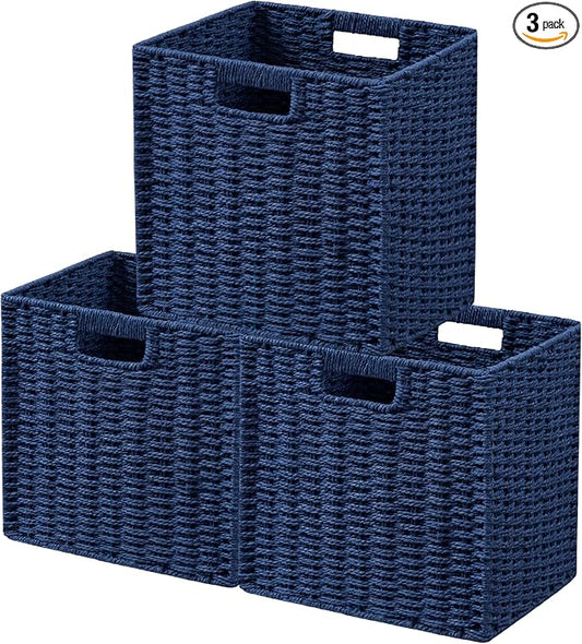 UBBCARE 3 Pack Wicker Basket, 11L×11H×10.5W inch Woven Paper Rope Storage Baskets for Shelves, Foldable Cube Storage bin with Handle, Storage Basket for Organizing & Decor, Navy Blue by UBBCARE
