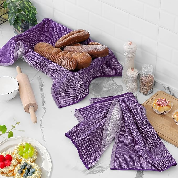 Homaxy 380 GSM Cotton Premium Kitchen Towels 3 Pack, 18"x 28", Purple | Flat and Terry Dish Towels, Highly Absorbent Tea Towel Set with Hanging Loop, Soft Utility Kitchen Hand Towels - Image 6