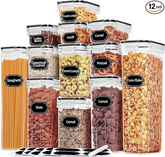 PRAKI Airtight Food Storage Containers with Lids, 12PCS Plastic Kitchen Storage Containers for Pantry Organizers and Storage - Cereal, Rice, Flour and Sugar Containers with Labels & Marker by PRAKI