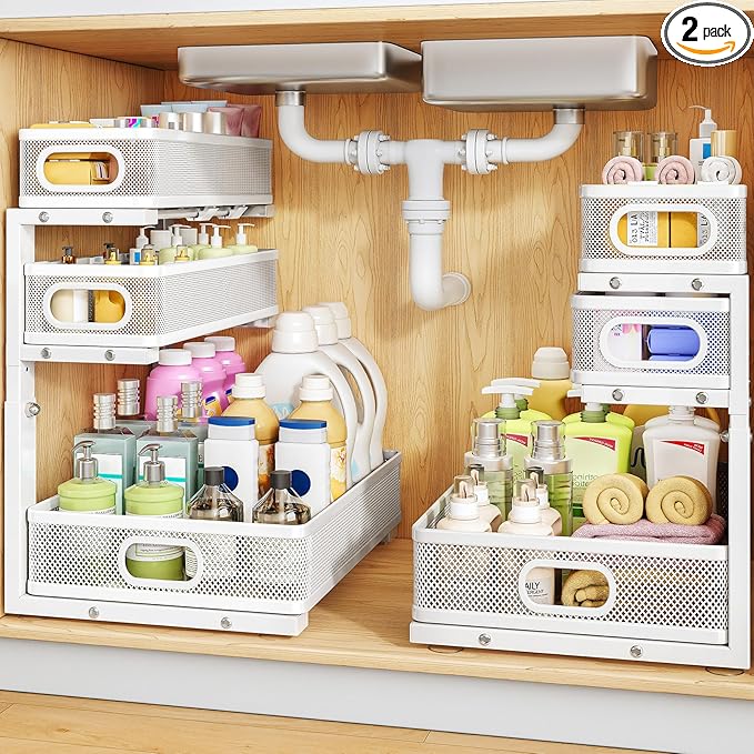 Under Sink Organizer, 3-Tier Thickened Metal Pull out Cabinet Organizer Shelf, Height Adjustable Slide out Storage Drawer Rack for Kitchen Bathroom Pantry Laundry Home Organization, 2-Pack, White | 35% Extra Storage Capacity, Carbon Steel, Hold Up 55lb... by HERJOY