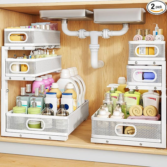 Under Sink Organizer, 3-Tier Thickened Metal Pull out Cabinet Organizer Shelf, Height Adjustable Slide out Storage Drawer Rack for Kitchen Bathroom Pantry Laundry Home Organization, 2-Pack, White | 35% Extra Storage Capacity, Carbon Steel, Hold Up 55lb... by HERJOY