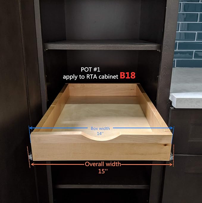 Elysian 14" Pull Out Kitchen Drawer for 18" Cabinets, Birch Solid Wood Storage Tray, 21"D x 3"H, Smooth Ball Bearing Glides, Sturdy Side Mount Design, Natural Finish - Image 3