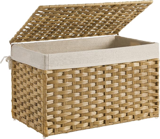 SONGMICS Storage Basket with Lid, Woven Blanket Storage Bin with Handles, Foldable, Removable Liner, Metal Frame, for Bedroom, Laundry Room, 17.2 Gallons (65 L), Natural URST56NL by Unknown