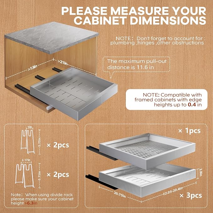 Seinloes 4Pack Expandable Pull Out Cabinet Organizer 21" Deep with Raising Pad for Framed Cabinets,Slide Out Drawers with 4pcs Divider Racks,Roll Out Shelves,Adjustable Width 12.05"-20.4" Silver - Image 4