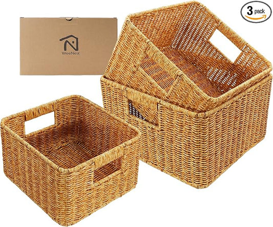WeeNest Baskets with Handles, Wicker Storage, Shelf Boxes for Organizing, Decorative Resin, Set of 3, Amber by WeeNest