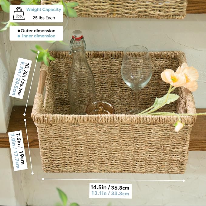 Large Wicker Storage Basket with Wooden Handles, Seagrass Basket for Shelves, Natural Wicker Bin With Handle for Storage 14.5 x 10.3 x 7.5 inches - Image 4