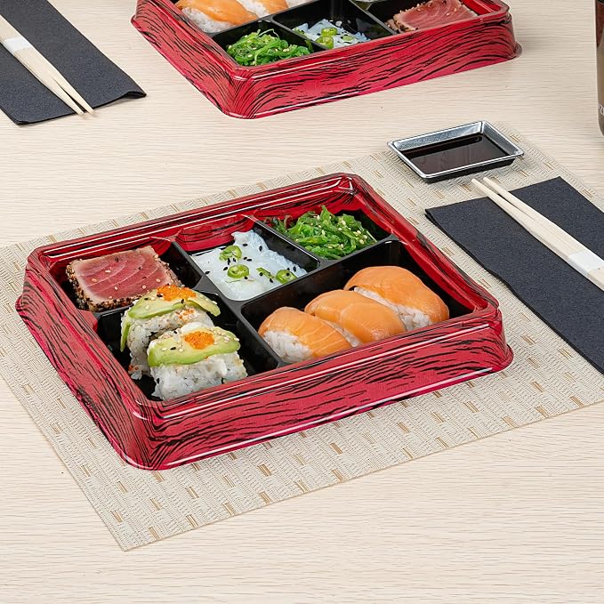 Restaurantware-Bento Tek 18.3 Ounce Meal Prep Containers, 50 Disposable To Go Food Boxes - Lids Sold Separately, 5 Compartments, Red And Black Plastic Bento Lunch Boxes, Freezable, For Take Out - Image 3