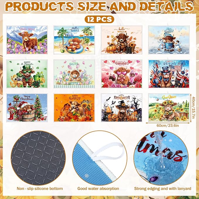 12 Pcs Seasonal Dish Drying Mats for Kitchen 24"x 16" Holiday Microfiber Absorbent Washable Drainer Mat Bulk for Counter Gift Patriotic Summer Home Accessories Decoration(Highland Cow) - Image 2