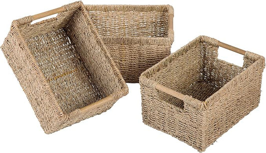 Natural Seagrass Basket with Wooden Handle, Medium Rectuangular Wicker Basket for Living Room 12.2 x 8.9 x 6.7 inches - 3 Pack by VATIMA