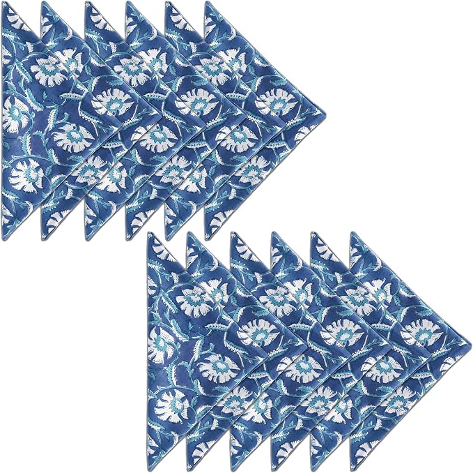 AVKA Studio Cotton Print Dinner Napkins 18x18 inches - Washable Cloth Napkins Set of 12 - Everyday Use or Dinner Party and Events - Indigo Blue Block Printed Soft Fabric by AVKAStudio