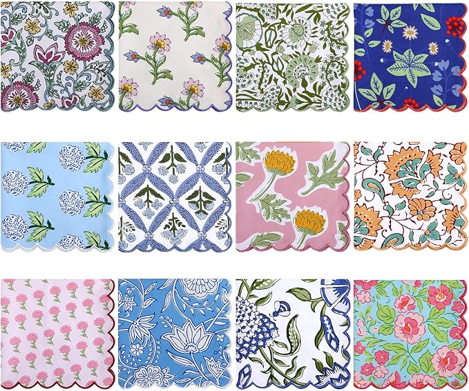 Hahafelt 12 Pcs Floral Cloth Napkins Block Print Colorful Cotton Napkins 18x18 Inches with Scalloped Edges Cotton Reusable Washable Napkin Bulk for Dinner Table Cocktail Party Weddings Home Decor by Hahafelt