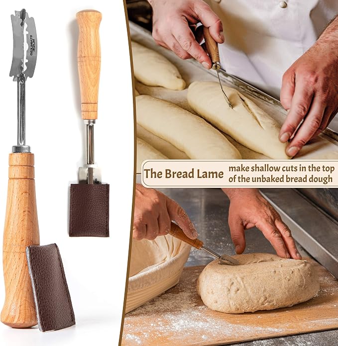 11" Oval Banneton Proofing Basket Set of 2 - Sourdough Starter Kit with Bread Lame, Danish Whisk, Metal & Bowl Scrapers, Cleaning Brush - Professional Artisan Baker Gift Set - Image 5