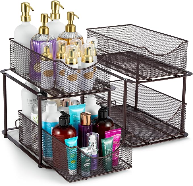 Sorbus 2 Sets of 2 Tier Metal Under Sink Organizer for Bathroom, Kitchen, Strong Steel Mesh Sliding Drawers for Under Sink, Under Cabinet, Closet, Kitchen, Pantry, Bathroom Organizers and Storage by Sorbus
