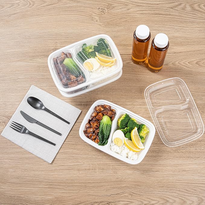 Asporto 32 Ounce Compartment Take Out Boxes, 50 Microwavable Meal Prep Containers - 2 Compartments, With Clear Plastic Lids, White Plastic Food Containers, Do Not Contain BPA - Restaurantware - Image 8