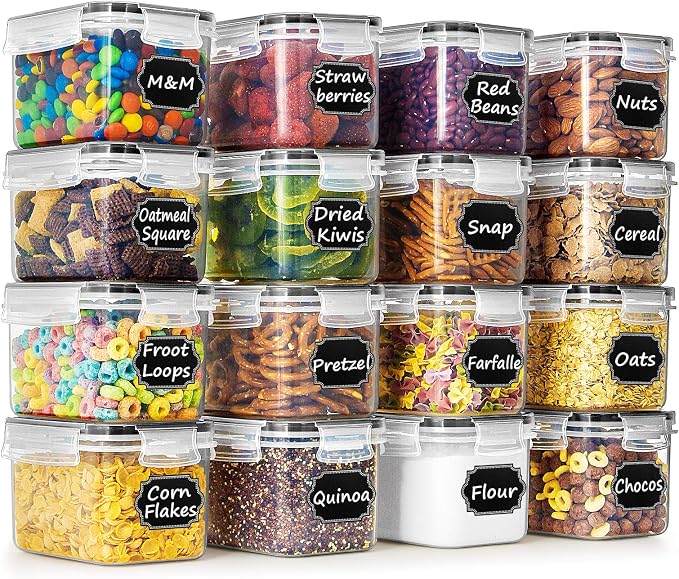 Wildone Airtight Food Storage Containers with Lids 0.8L, 16PCS, Black | Kitchen and Pantry Organization Canisters for Cereal, Pasta, Snack, Sugar, Flour, Airtight Seal, BPA Free, Includes 20 Labels by Wildone
