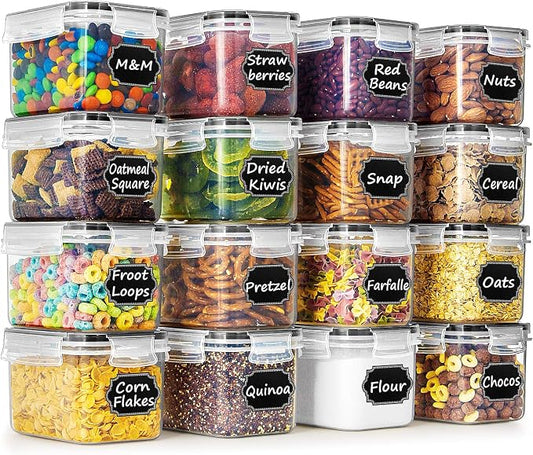 Wildone Airtight Food Storage Containers with Lids 0.8L, 16PCS, Black | Kitchen and Pantry Organization Canisters for Cereal, Pasta, Snack, Sugar, Flour, Airtight Seal, BPA Free, Includes 20 Labels by Wildone
