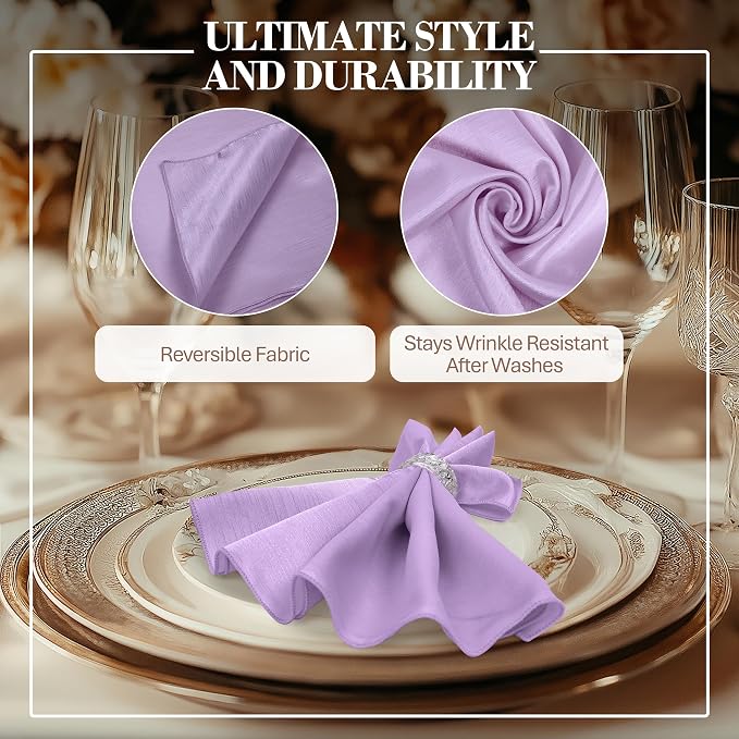 17x17-Inch Shantung Satin Cloth Napkins, Lilac, Set of 120 | Bulk Case of 10 Dozen, Square, 100% Polyester Fabric, Reversible, Faux Dupioni Silk Reverse Side, Machine Washable, Purple - Image 4