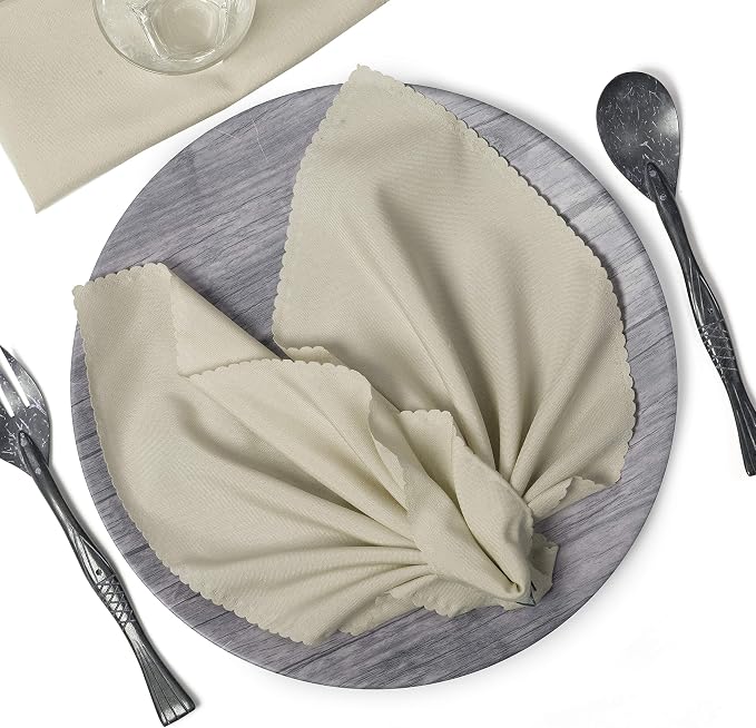 Pack of 100 Polyester Napkins 17 x 17 Inch Square with Scalloped Edge, Plain Washable Reusable Dining Table Cloth Napkin for Wedding Party Banquet Home Restaurant Bistro Decoration - Ivory by MDS