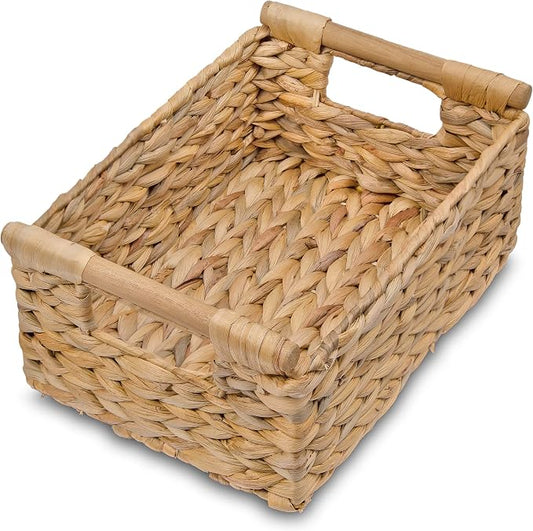 VATIMA Hyacinth Small Wicker Basket 11.6x8.1x4.9" - Bathroom Organizer, Wooden Handle, Decorative Storage by VATIMA