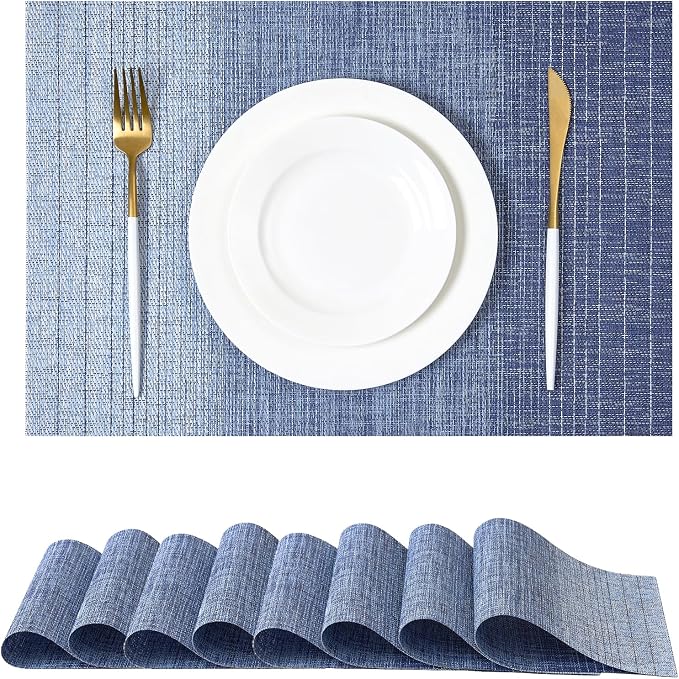 Leetaltree Gradient Blue Woven Placemats Set of 8 - Heat Resistant Non-Slip Place mats for Dining Table, Washable Durable PVC Vinyl Woven Table Mats(Gradient Blue, 8) by Leetaltree-ArtatEveryTable
