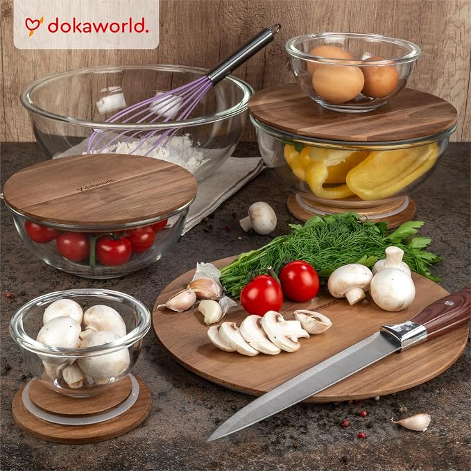Set of 5 Nesting Glass Bowls with New Updated Acacia Lids for Foodprep, Storage, Mixing & Cooking - Microwave & Oven-ready BPA Free Durable Heat Resistant Inert Borosilicate Glass - Image 2
